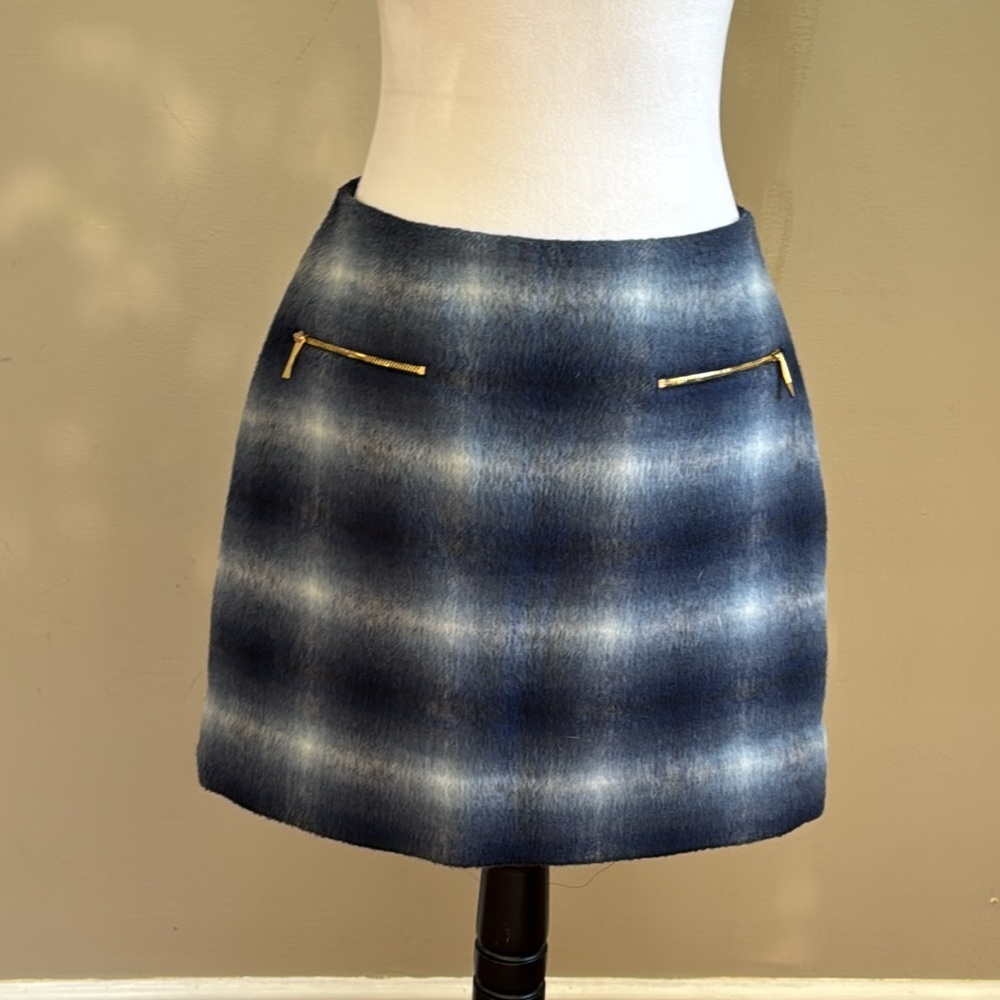 Kate Spade New York Wool Plaid Print Blue White‎ Print Mini Skirt Pockets Size 6